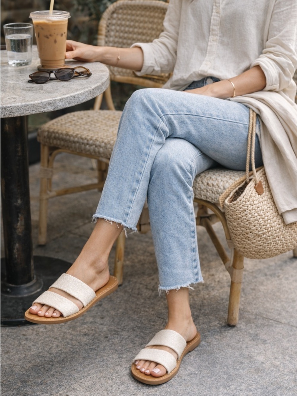 Anthropologie Silent D Canvas Slide Sandals Size 7.5 | Neutral Tan Sole Flats
